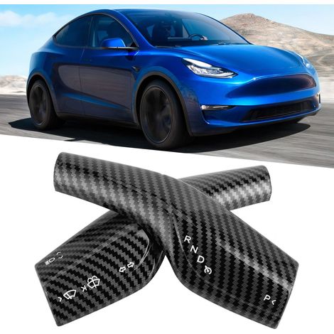 (T04) 1 Paar Zierelemente aus Kohlefaser mit strukturierter Oberfläche für die Lenkradschaltung/Scheibenwischersteuerung des Tesla Model 3/Y (Referenz: M3-DE41LCF) (1/5)