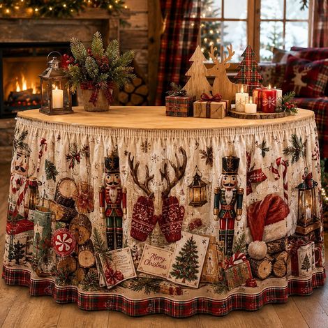 Nappe de Noël style 2026 pour décorations de fête de famille - Tissu décoratif en polyester imprimé bonhomme de neige et sapin de Noël - 275 x 75 cm - 19