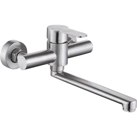 Rubinetto da cucina a parete Crezuo, miscelatore per lavello girevole a 360°, in acciaio inox 304, finitura spazzolata.