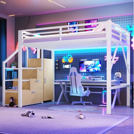 Metall-Hochbett 140x200 cm Weiß aus MDF und Metall mit Kleiderschrank, Staufächern, Treppe und LED (1/5)