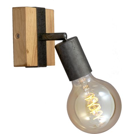 Spot - Applique murale design en bois et en metal gris - Lampe murale pivotable et rotatif - Style vintage, retro, industrielle - 1xE27 - Dimensions : 10x10,3x9cm (1/5)