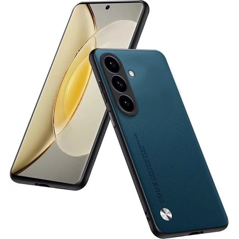 Étui de téléphone minimaliste en cuir végan (bleu, Galaxy S26), ultra-fin et anti-traces de doigts. (1/5)