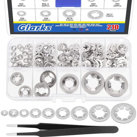 210 pièces métrique m2 m2.5 m3 M4 M6 M8 M10 M12 304 inox denture intérieure étoile rondelle de verrouillage Kit combiné bague d'extrapolation rondelle de verrouillage rapide avec 1 pièce pince (1/5)