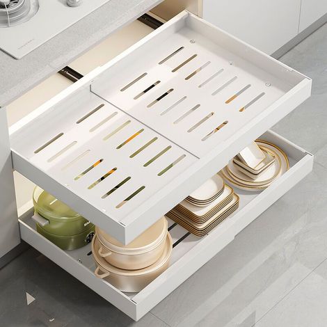 Tiroir de cuisine coulissant extensible, sans perçage requis, convient aux armoires de cuisine et de salle de bain, largeur réglable de 32 à 52 cm. (1/5)