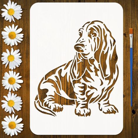 Pochoir Peinture Chien Basset Avec 1Pc Pinceau 21x29.7cm Réutilisable Pochoir Motif Chien de Compagnie Modèle Thème Animal pour Peinture sur Bois Mur Meuble DIY Décoration Maison (1/5)
