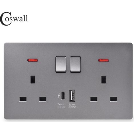 Double Switched Socket 13 Amp with USB A and Type C Charging Ports Wall Outlet Electric Power Socket，Gray (1/3)