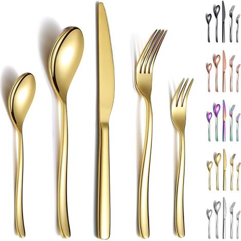 30-teiliges goldenes Besteckset, robustes Edelstahl-Besteckset mit Titan- und Goldbeschichtung, rostfrei, spülmaschinenfest (1/5)