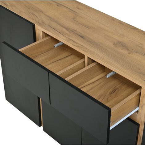 Aparador 140x35x70 cm, con 4 puertas y 2 cajones, baldas regulables, MDF, negro (1/5)
