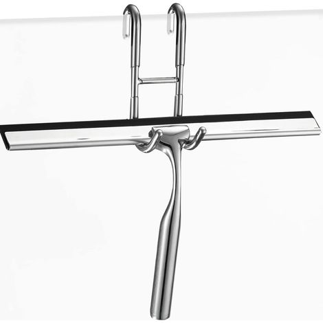 Grattoir de douche en acier inoxydable, 25 cm, avec crochet, sans perçage, compatible avec la salle de bain, les miroirs, les vitres et le carrelage. (1/4)