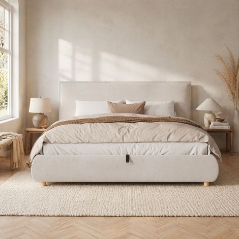 Cama tapizada doble 180x200 cm con somier, cabecero y arcón hidráulico, color crema (1/5)