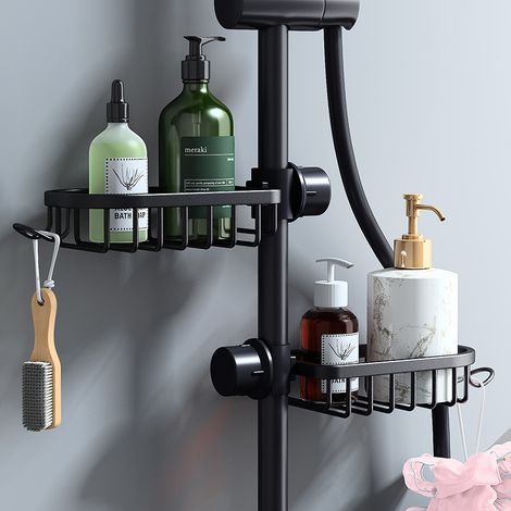 [French Days]Etagère et rangement de douche-Lot de 2 Étagère Douche Sans Percage Inox, Étagère Salle de Bain Télescopique Inoxydable, Tablette Support Douche, Porte Savon Barre Douche, noire (1/5)