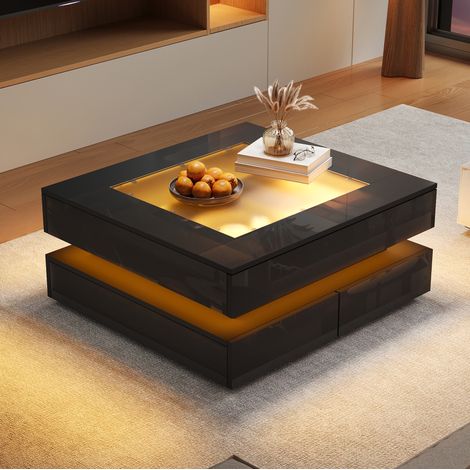 Tavolino da caffè 70x70x35 cm con LED, USB e 3 cassetti, piano in vetro temperato, finitura nero lucido. (1/5)