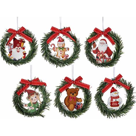Mini ghirlande di Natale con decorazione in legno e fiocco da appendere, set da 18 pezzi, Ø 9 cm