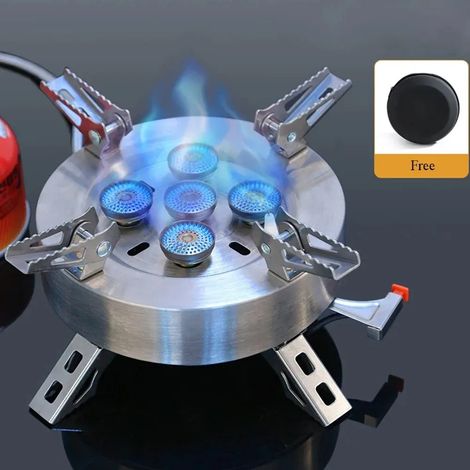 Réchaud à gaz portable de camping 12800W, coupe-vent et pliable, en acier inoxydable, avec brûleur à gaz 5 têtes. (1/5)