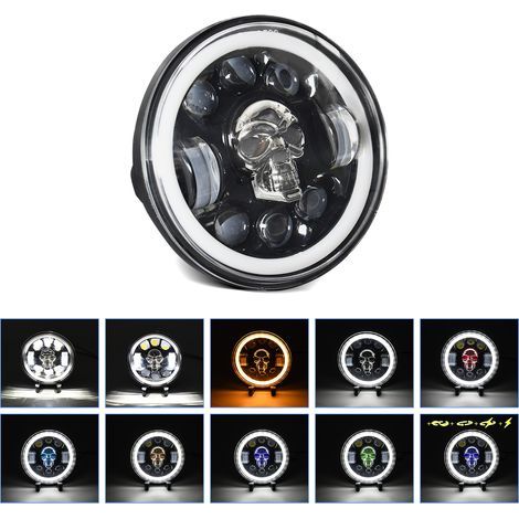 GARRYFIZH ‌Phare LED Motocyclette 5.75 Pouces avec Design Crâne, Feu de Route/Croisement, DRL, Clignotant et Anneau Ange Coloré - Personnalisation Unique, Haute Luminosité‌