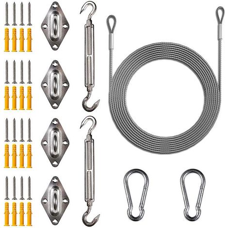 Kit de montage pour voile d'ombrage carrée et rectangulaire, câble en acier inoxydable de 48 pieds (12' x 4), fixation pour pergola et terrasse, matériel de suspension robuste, ensemble complet pour s (1/5)