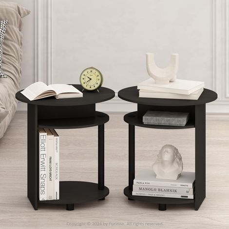 Table de Chevet Set de 2, Table de Chevet Ovale 3 Niveaux avec Plateau aux Bords Arrondis, Table d'Appoint à Étagère Ouverte, pour Chambre, Salon, Noyer (1/5)