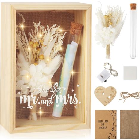 Hochzeitsgeschenkbox aus Holz, Geschenkidee für Frischvermählte, inklusive Trockenblumen, Holzbox und Reagenzglas aus Kunststoff, Kreatives Geschenk zum Hochzeitstag