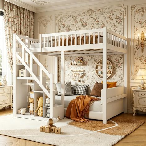 Lit mezzanine Enfant 90x200,Lit superposé 1 place Loft ado,avec escalier rangéable,barrière motifs étoiles,sommier,Bois massif,Blanc