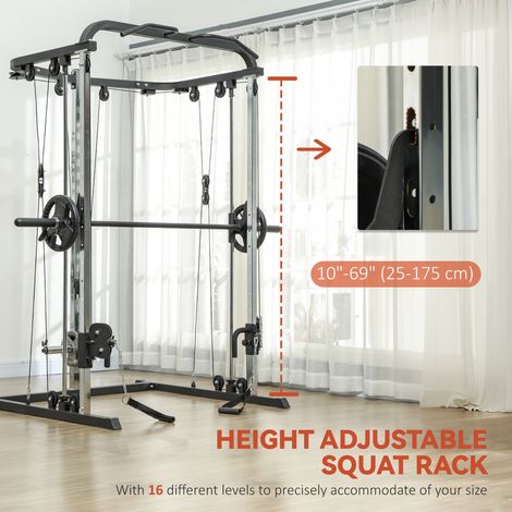 Appareil de musculation 3 en 1 pour la maison : rack à squats avec machine Smith, station de traction à câbles, support pour haltères et barre d'haltères réglable sur 16 niveaux. (1/5)