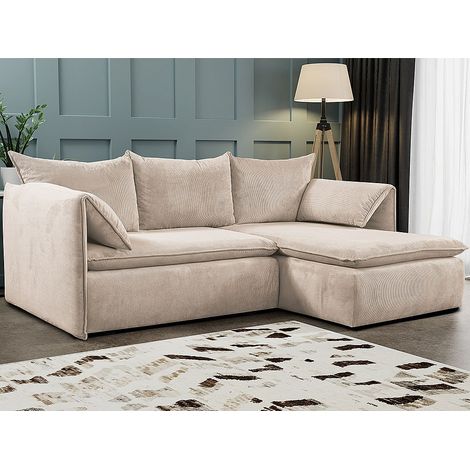 Canapé d'angle droit convertible et pouf en velours côtelé beige TEODORA (1/5)