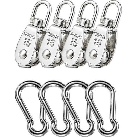 Lot de 4 poulies simples M15, poulies pour câble métallique avec mousqueton à ressort, roue de remorquage pour câble métallique (1/3)