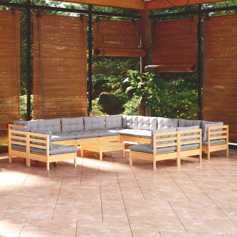 INLIFE Salon de jardin 14 pcs avec coussins gris Bois de pin solide (1/5)