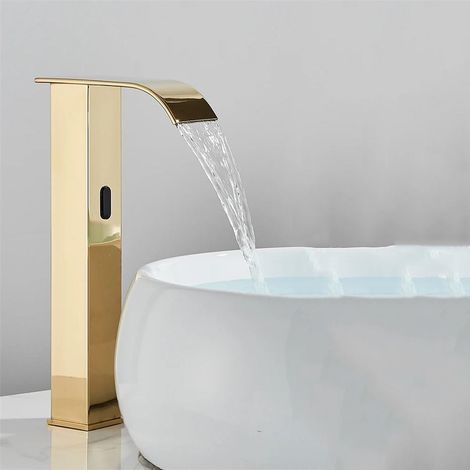 Schwarze Sensor-Waschtischarmatur, automatische Sensor-Badarmatur, berührungslose Wasserfallarmatur, Mischbatterie für Warm- und Kaltwasser (1/5)