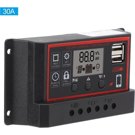 Contrôleur de charge solaire LCD 5V/2,5A, double port USB, PWM, identification automatique des cellules photovoltaïques 12V/24V/30A (1/5)