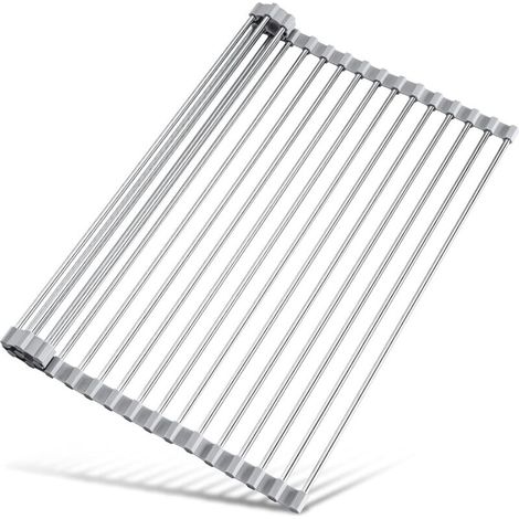 Égouttoir à vaisselle enroulable et pliable 45×40 cm en acier inoxydable (gris), organisateur multifonction pour évier de cuisine (1/4)