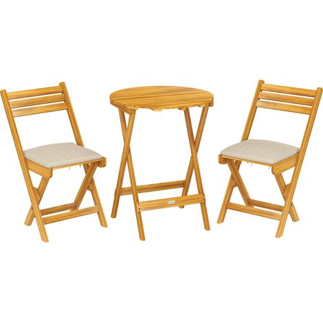 Set Bistrò da Esterno 2 Sedie Pieghevoli e Tavolo Rotondo Ø60x75 cm in Legno di Acacia Naturale (1/5)