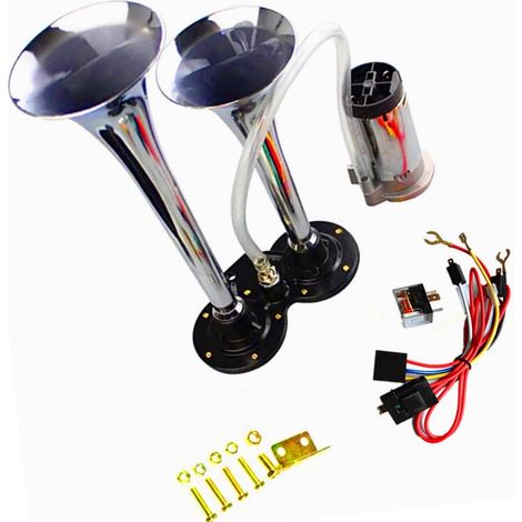 Trompette d'air trompette pour camion de voiture corne 150DB trompette d'air pour voiture Zinc chromé double corne d'argent avec compresseur alarme de voiture Air Horn pour 12 V Bateau Voiture (1/5)