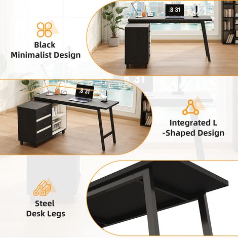 Escritorio en L 150x100x76 cm negro y blanco de MDF y metal con 3 cajones y 2 estantes (1/5)