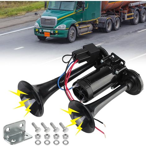 Klaxon de camion 12 V - Double tube - Klaxon de voiture - Avec compresseur - Kit klaxon à air comprimé - Pour voiture, train, bateau, voiture, van (1/5)
