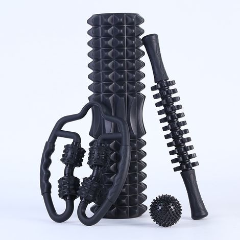 4-in-1-Set aus schwarzer Schaumstoffrolle und Massagestab – Tiefengewebsmassage-Set für Fitness, Yoga, Entspannung und Pilates (1/5)