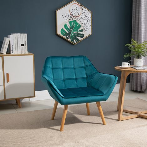 Fauteuil de chambre à design scandinave - pour salon ou bureau - couleur pétrole - fauteuil en velours et bois - 67x61,5x71cm