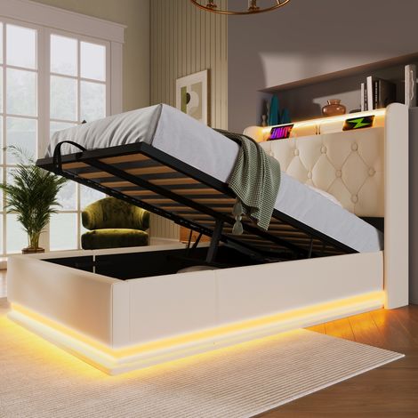Lit coffre simple rembourré 90x200 blanc LED USB hydraulique (1/5)