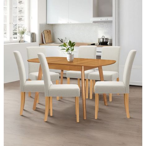 Hallowood Furniture Aston Wooden Dining Table and Chairs Set 6, Butterfly Extending Table and Chairs in Straight Back and Beige Linen Fabric, Dining Room Sets for Kitchen, Home and Cafe (1/5)