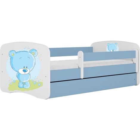 Kinder- und Jugendbett 80 × 180 cm mit Schublade und abnehmbarem Rausfallschutz blau, Motiv blauer Teddybär und Blumen (1/5)