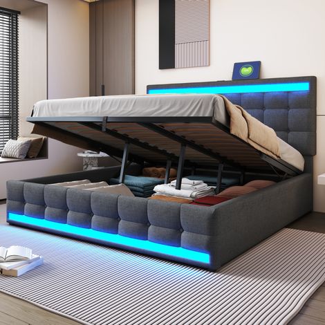 Cama tapizada 180x200 cm gris con LED RGB, USB y cabecero regulable (1/5)
