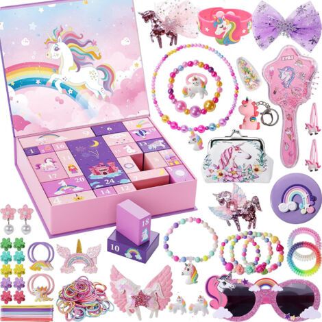 Calendario de Adviento 2024 para niñas, adolescentes y bebés, unicornios, princesas, calendario de Adviento con joyas infantiles, accesorios para el cabello, calendario de Adviento navideño (1/4)