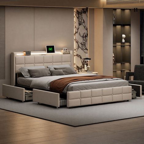 Lit Complet Double 140x190 cm, Cadre de Lit avec sommier à lattes, Lit rembourré avec LED et USB, 4 Tiroirs de Rangement, Lin Beige (1/5)