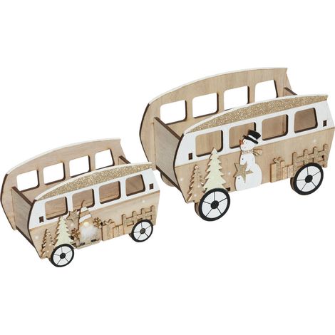 Déco de Noël Lot de 2 Cagettes forme Bus en Bois doré et blanc - Feeric Christmas (1/3)