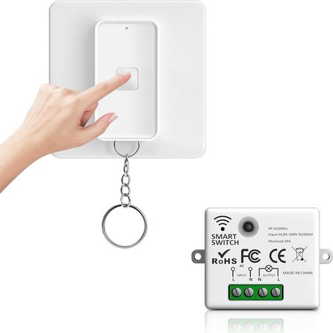 RF433 Drahtloser Lichtschalter, batteriebetrieben, keine elektrische Verkabelung oder Wandschalter erforderlich, magnetisch (1 x 10A Empfänger und 1 x Bedienfeld)