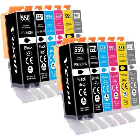 Lot de 12 cartouches d'encre 550 551 XL compatibles avec Canon PGI-550 CLI-551 pour cartouches Canon IX6800 Pixma IX6850 IP7250 IP7200 IP8750 MG7150 MG7550 MG5450 MG5650 MX925 MX725 MX920 (1/5)