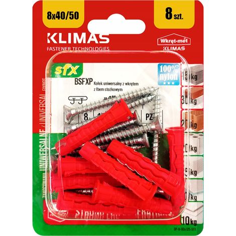 Chevilles Universelles Klimas 8 x 50 Avec Tete Fraisee PZ2, Blister De 8