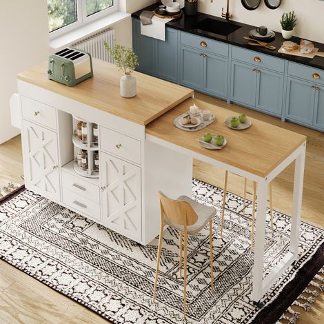 Bar table extensible 110-180x40x91 cm blanc en MDF avec rangements, roulettes et organisateur pivotant (1/5)