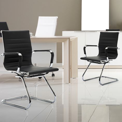 Wahson Set 2 Sedie Ufficio in Ecopelle Reception, Sedie Ufficio senza Ruote Cantilever con Braccioli, per Ospiti Visitatori Conferenza/Sala d'attesa, Nero (1/5)