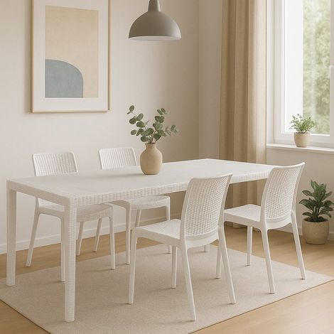 Dmora - Conjunto de mesa y sillas Moie para salón de interior, mesa rectangular extensible con 4 sillas y reposabrazos, fabricado en Italia, color blanco (1/3)