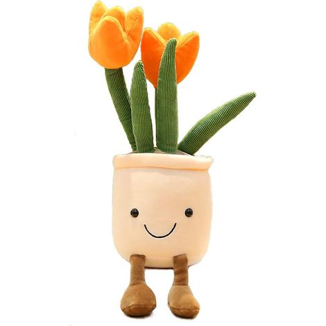 Coussin en peluche en forme de pot de fleurs orange de 33 cm avec plantes douces et moelleuses - Convient à tous les âges et à toutes les occasions